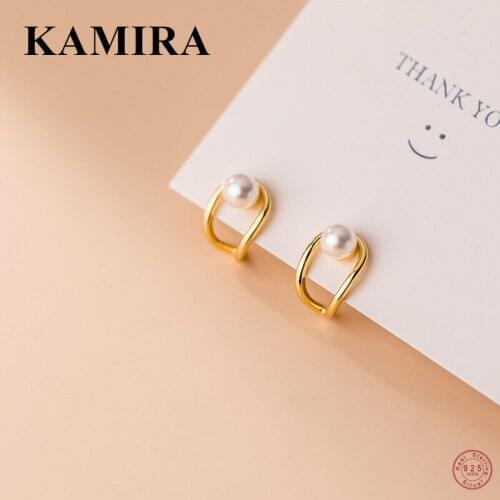 KAMIRA 925 Sterling Silver Trendy Romantic Geometric Hollow Pearl Stud Earrings for Women Wedding Luxury Simple Jewelry Gift Ins