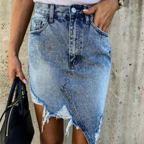 Lady Party Fashion Skirts High waist Denim Blue Ripped Draped Asymmetric Skirts High Street Sexy Slim Pencil Bottoms Clothing