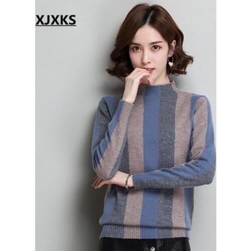 XJXKS Turtleneck Sweaters Women Autumn Winter Jumpers Knitted Clothes 100% Wool Fashion Striped Oversized Pullover Women Sweater