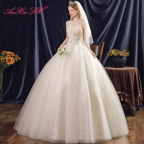 AnXin SH princess french retro champagne lace wedding dress vintage beading strapless sleeveless ball gown bride wedding dress