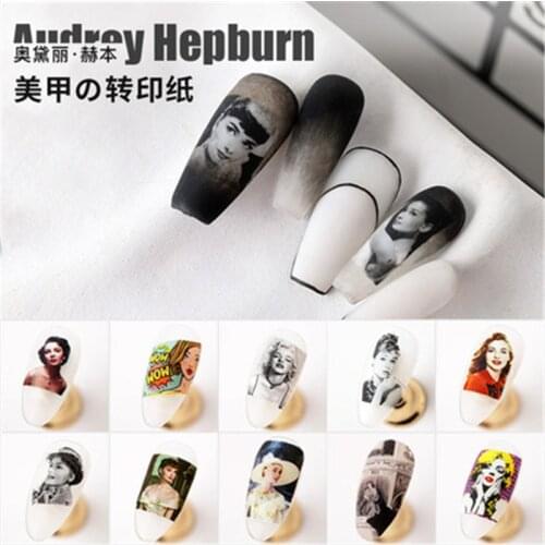 10 Designs 1 Sheet Nail Art Water Transfer Decals Beauty Movie Star Audrey Hepburn Nail Art Decorations Sticker Decal 2021 New