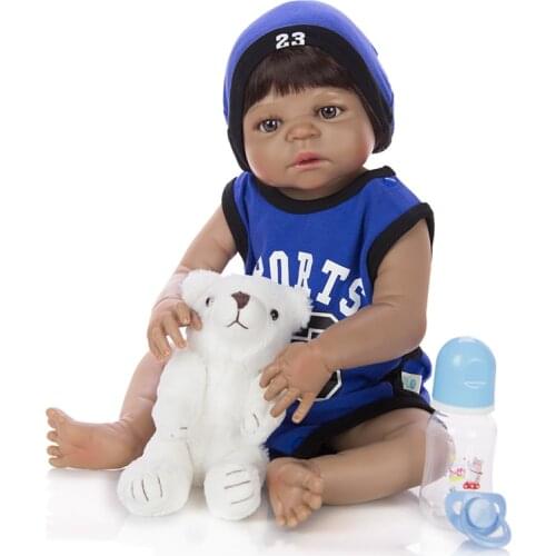 23'' Black Skin Doll Reborn Baby Boy Silicone full Vinyl Waterproof African Toddler bebe Reborn Dolls Ethnic Style kids gift