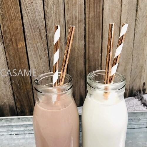 25/50/100pcs New Foil Rose Gold Paper Drinking Straw For Wedding Party Birthday Decoration Party Supplies Paper Straws