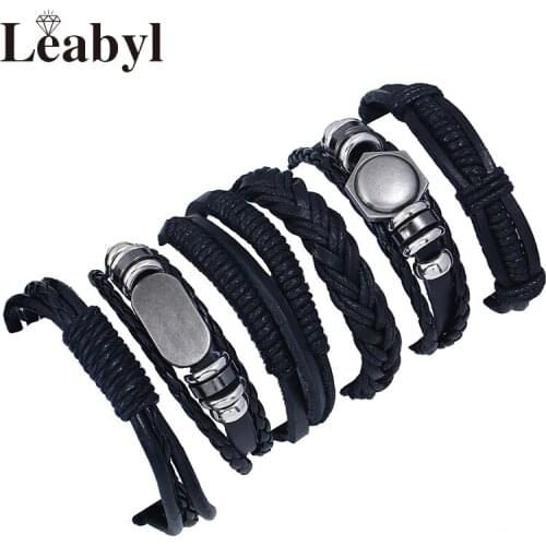 6 Pcs/Set Leabyl Dropshipping Vintage Series Black Cow Leather Strap Bracelet Men Multi-layer Handwork Rope Punk Bracelet Casual