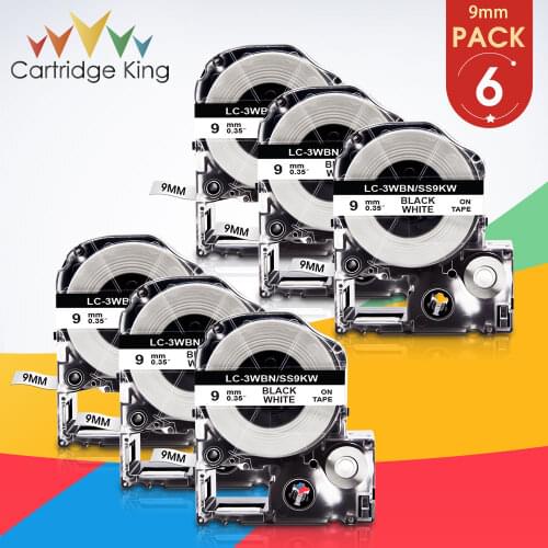 6PK SS9KW LC-3WBN Black on White 9mm Label Tape Compatible for Epson KingJim C410 LW-400 LW-400L LW-K400L Tepra PRO Label Maker