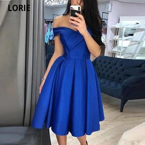 LORIE Royal Blue Satin Homecoming Dresses Short Simple Off the Shoulder Prom Party Gown School Graduation Dresses Plus Size 2020