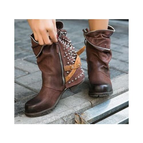 Women Decor Sliver Rivet Boots Female Autumn Winter Leather Cowboy Ankle Boots Round Toe Wedge Heel Woman Booties Punk Shoes