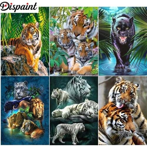 Dispaint Paint With Diamond Embroidery "Tiger animal" Diamond Painting Full Square Round Picture Of Rhinestone Decor