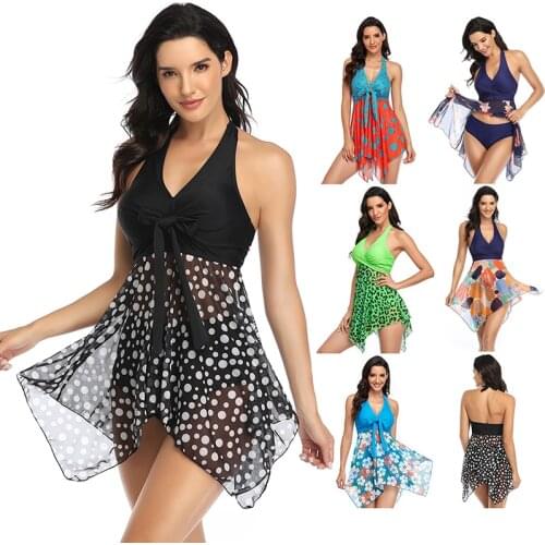 Women Swimsuits Two Piece Mesh Tankini Swimdress Halter Tank Top with Boyshort Mesh skirt split Bikini Swimsuit Summer Swimwear