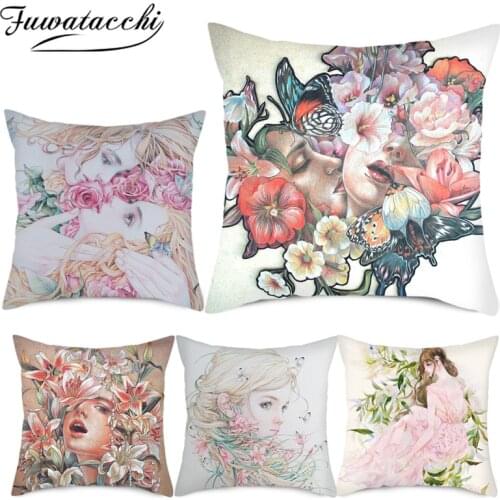 Fuwatacchi Flower Girl Picture Cushion Cover Abstract Painting Printed Pillows Covers for Home Sofa Decorative Throw Pillowcases