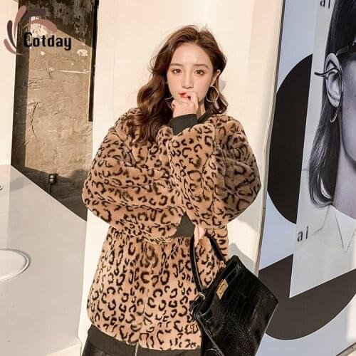 Cotday Europe Station Fashion Leopard Fur Women Winter Cashmere Loose England Rabbit Plush Jacket Lady Thick Casual Fur Coat