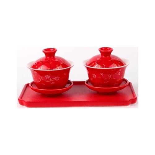 Chinese traditional antique red wedding ceramic tea bowl cup tray Kungfu tea set tureen gaiwan porcelain marry newlywed gift