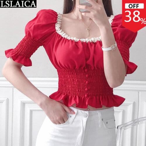 Korean Fashion Summer Blouse Puff Sleeve Square Collar Pleat Edible Tree Fungus Patchwork Women Blouses Casual Chic Red Top 2021