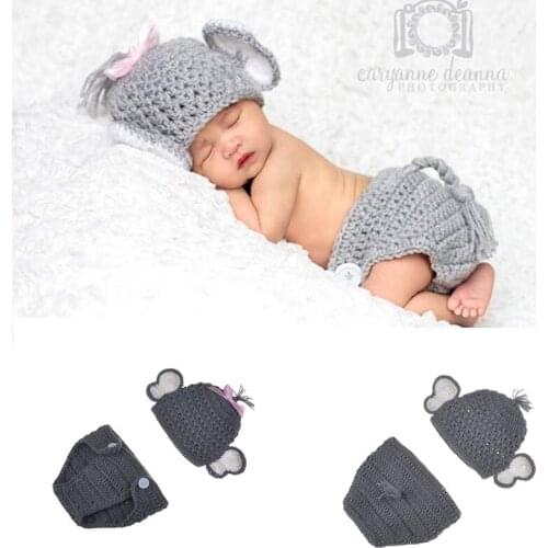 Newborn Baby Costume Elephant Crochet Knit Diaper Cover Hat 2Pcs Infant Photo Prop Accessories Toddler Girl Boy Handmade Clothes