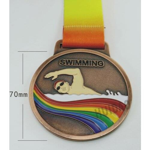 Size 70MM Swimming Medals with Colorful Ribbon Swim Freestyle Copper Medal In Soft Enamel Process