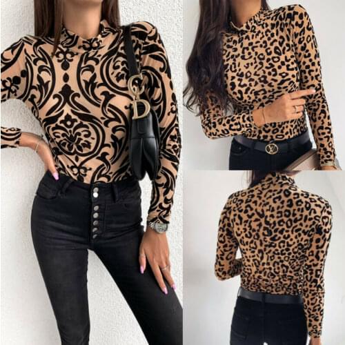 HOT Fashion Women Leopard Printing Shirts Long Sleeve Casual Basic Tops Blouse Bodycon Shirt