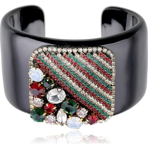 HAHA&TOTO Trendy Black Resin Bangle Cuff Bracelet Inlaid Handmade Crystal Beaded Square Statement Bracelet Women Jewelry 3326