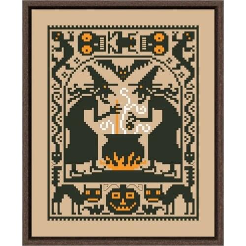 Two witches cross stitch kit Halloween design cotton silk thread 14ct 11ct linen flaxen canvas embroidery DIY needlework