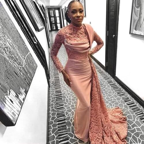 Newest Dusty Pink Mermaid Evening Dresses Lace Overskirt ormal Party Second Reception Gowns With Long Sleeve Prom Skirt