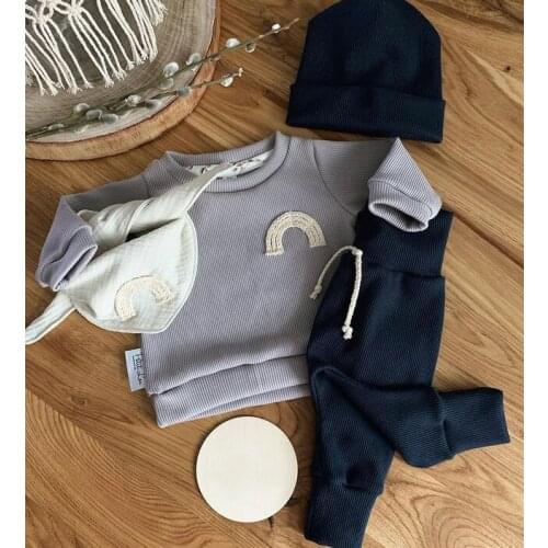 Autumn Newborn Baby Ribbed Knitted Clothes Sets Boys Girls Solid Rainbow Pullover Sweatshirts+Long Pants Trousers Tracksuits