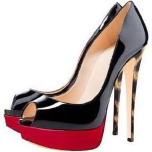 Sexy Leopard Heels Women Shoes Peep Toe Patent Leather High Platform 14cm Celebrating Pumps Plus Size Party Dress Shoes