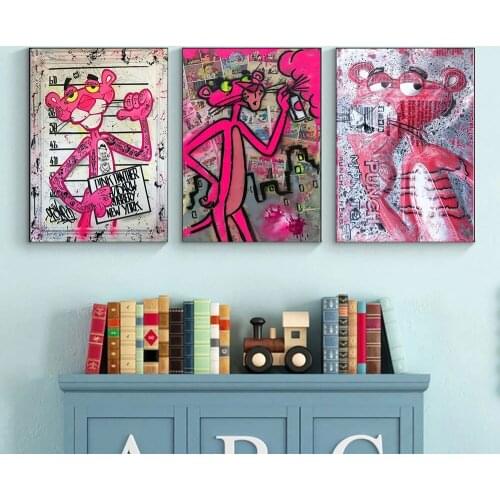 Pop Pink cartoon Leopard Doll Art Canvas Painting Classic Graffiti Wall Art Posters and Pictures For Living Room Home Decor