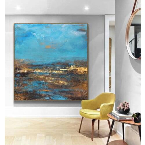 Hand Painted Large Brown Abstract Oil Painting Deep Blue Sky And Beach Modern Minimalist Home Decoration For Living Room