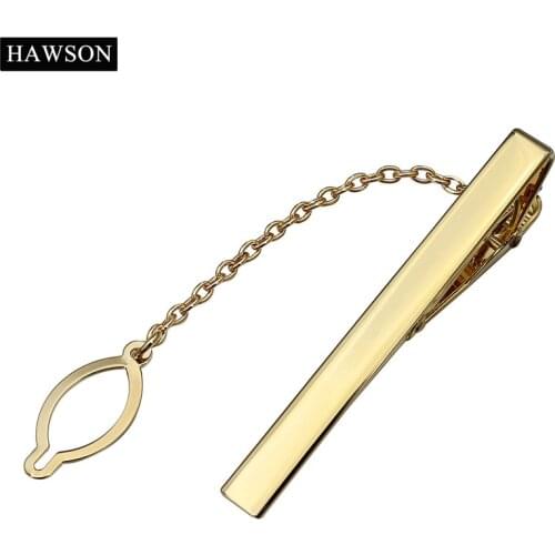 HAWSON Luxury Tie Clip with Gold-Color Chain New Designer Skinny 0.2" Neck Tie Pin Free Shipping