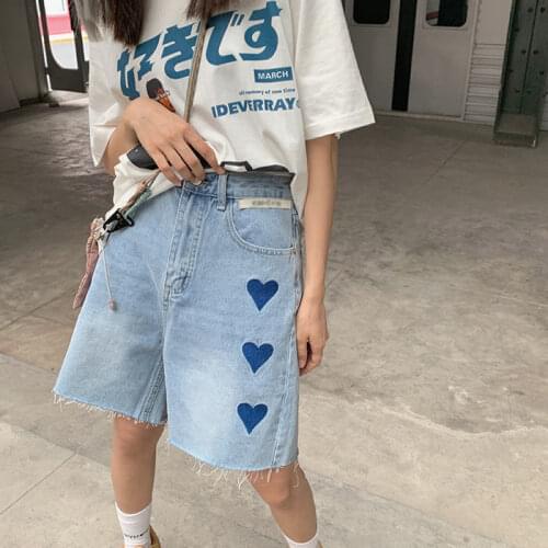 Shorts womens summer tide five-point pants 2021 new love embroidery high-waisted straight denim wide-legged pants