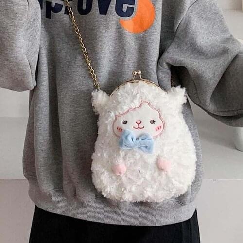 Plush White Lamb Shoulder Bag Kawaii Stuffed Animal Bow Messenger Bags Fashion Women Chain Phone Pouch Mini Soft Purse Clutch