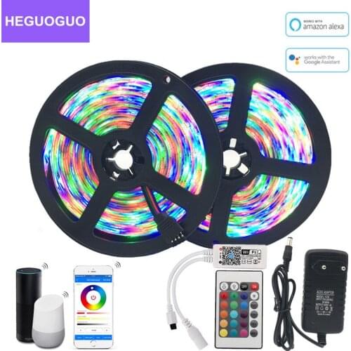 5m 10m 15m WiFi RGB LED Strip Light SMD 2835 RGB WiFi Ribbon Lamp LED Strip 24Key 44Key IR Remote Controller Power Adapter Set