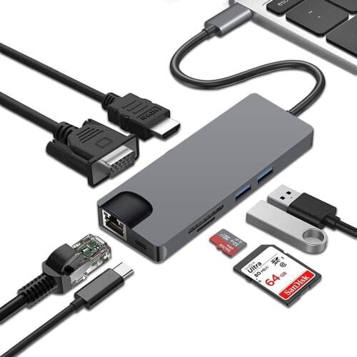 USB C HUB Adapter 8 in 1USB C to VGA USB 3.0 Ports SD/TF Reader RJ45 USB 3.0 Dock for MacBook Pro USB-C Type C 3.1 Splitter