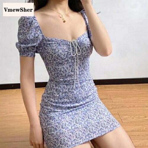 VmewSher New Vintage Floral Women Short Sleeve Elegant Sexy V Neck Party Dresses Female Flower Slim Puff Sleeve Dress Bodycon
