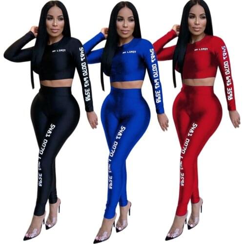 Hot Sale 2 Pieces Jumpsuits Women Letter Print Long Sleeve Bodysuit Crop Top Skinny Body Mujer LM842