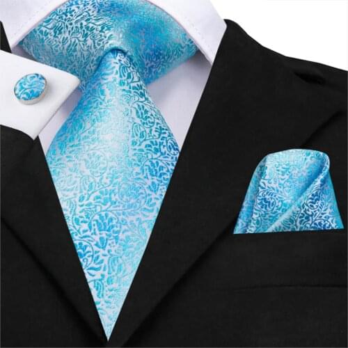 SN-3163 Blue Floral Tie 8.5cm Silk Jacquard Woven Men Tie Pattern Necktie Hanky Cufflinks Set Wedding Classic Pocket Square Tie