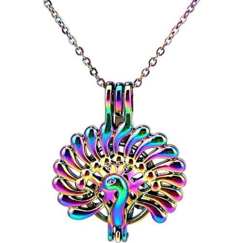 C668 COLORS Peacock Beauty Tail Cage Locket Necklace Pendant Aroma Essential Oil Diffuser Fun Gift