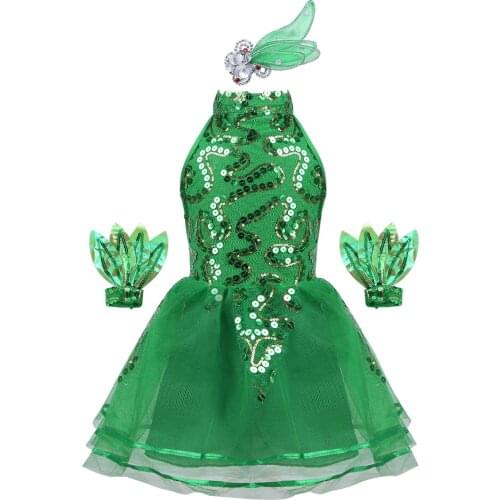 Kids Girls Sleeveless Shiny Sequins Mesh Tutu Ballet Dress Children Stage Performance Jazz Dance Costume Headwear Wristband Set