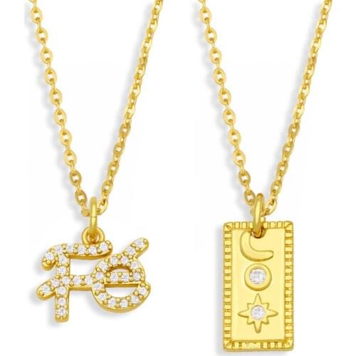 FLOLA CZ Pave Rhinestone FE Necklace For Women Brass Square Moon And Star Pendant Necklace Gold Plated Jewelry Gifts nkev53