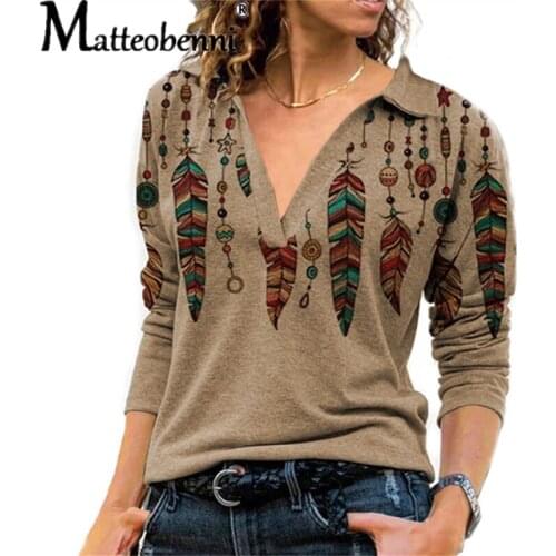 New Womens Long Sleeve Vintage Printed T-Shirt Fashion Lapel Streetwear Ladies Large Size Casual Spring And Autumn Style Tops