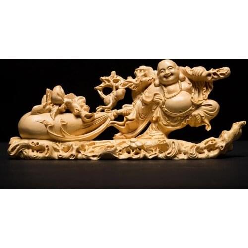 Wood Bag Laughing Buddha Statue Buddha Sculpture Maitreya Buddha Monk Wood Carving Home Decoration Statues for Decoration