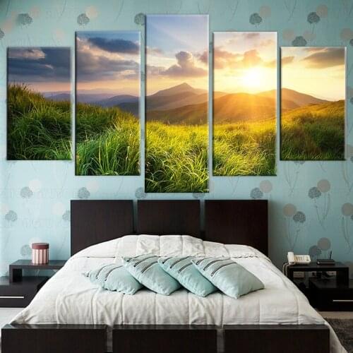Canvas Print Painting Home Decor 5 Pieces Mountain Valley Prairie During Sunset Nature Scenery Poster Modular Wall Art Pictures