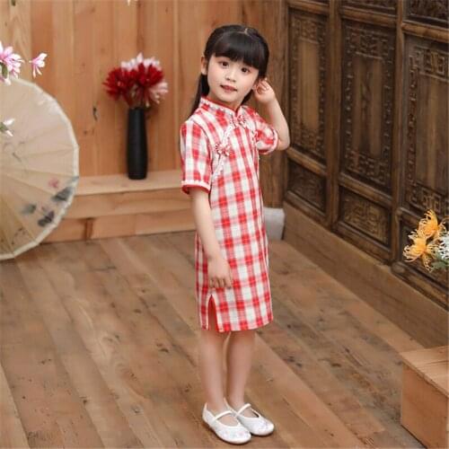 Hanfu plaid cheongsam girl Chinese style retro improvement 2020 new cheongsam short sleeve lace vestido chines