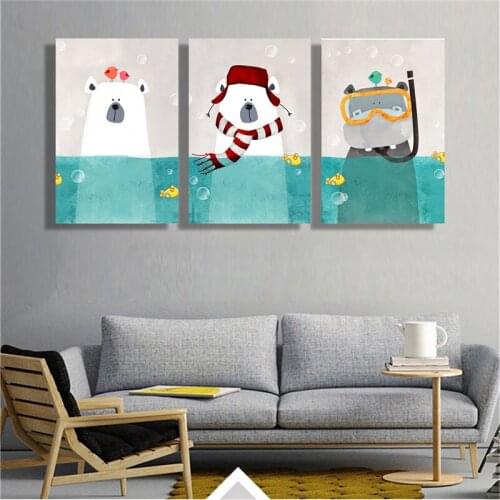 3PCS Anime Animals Posters Home Decor Nordic Cartoon Polar Bear Painting Living Room Bedroom Home Decoration Accessories