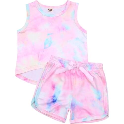 New Kids Girls Clothes Sets Tie-Dye Printed Sleeveless Pullover Vest Tops Shorts 2pcs Outfits