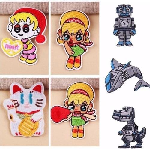 Fine Dinosaur Robot Shark Patches Iron On Clothes Cute Girl Luck Cat Appliques 3D Embroidery Badges Coat Jeans Decor