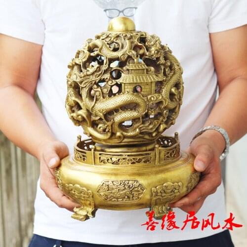 35CM - 2021 HOME office SHOP efficacious Money Drawing GOOD LUCK Mascot # 9 Dragons heaven and earth kiln FENG SHUI Brass statue