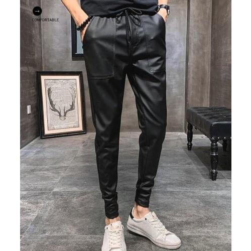 Spring aummer leather pants mens feet pants fashion motorcycle pu trousers for men personality pantalon homme black