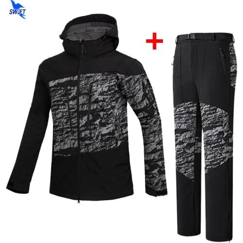 Winter 2 Pcs Men Warm Fleece Softshell Hiking Suit Hunting Fishing Outdoor Clothing Waterproof Windproof Hooded Jacket+Pants Set