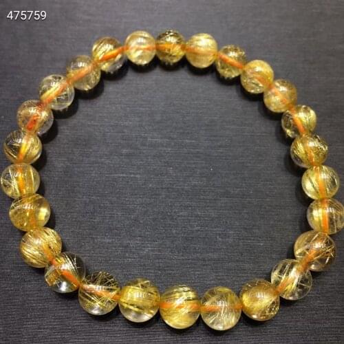 100% Natural Gold Rutilated Quartz Clear Round Beads Bracelet 7.5mm Women Men Fashion Wealthy Stone Genuine AAAAAA