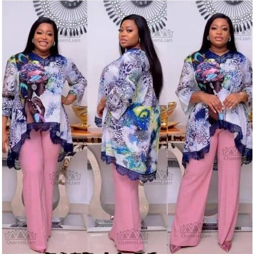 African New Fashion Lace Collar Suit (Dress and Trousers)Bat SLeeve Suit Oversized African For Lady(KSTZ1#)